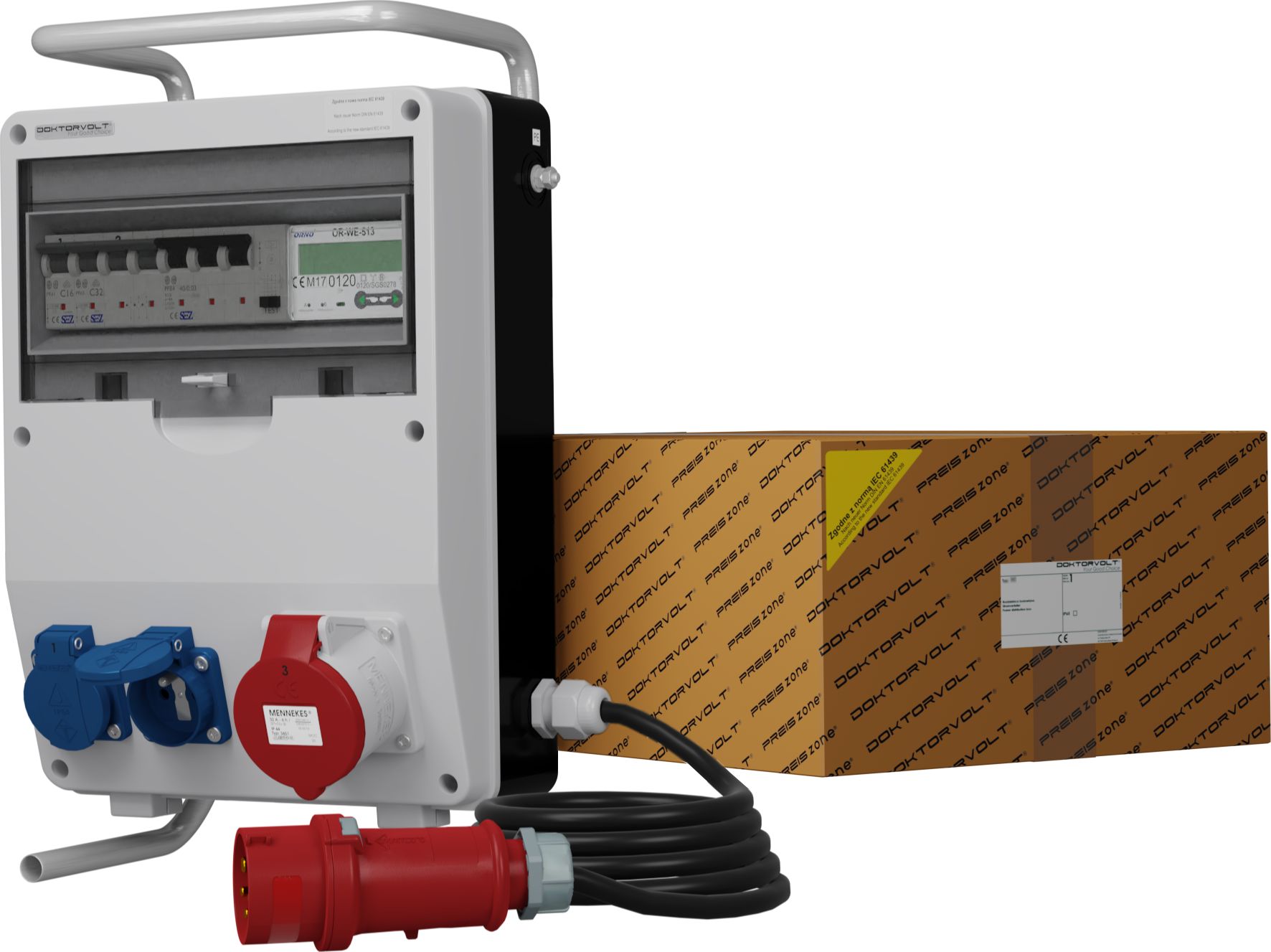 Doktorvolt Rozdzielnica budowlana na stojaku z kablem i licznikiem 3F TD-S/FI SKHU 32A 2x230V Doktorvolt 0502