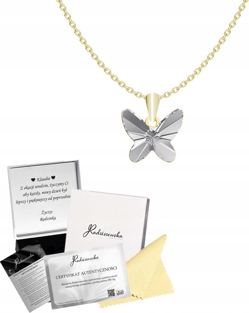 Radziszewska Jewellery ZŁOTY NASZYJNIK Z MOTYLEM KRYSZTAŁOWYM ŁAŃCUSZEK PREZENT ŻYCZENIA GRATIS