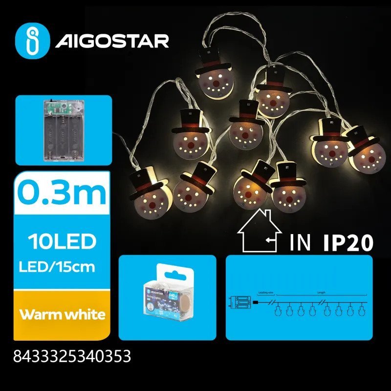 Lampki choinkowe Aigostar Lampki choinkowe 10 LED na 3 baterie AA - drewniana zawieszka bałwanek-ciepłe Taśma świetlna na 3 baterie AA - drewniana za