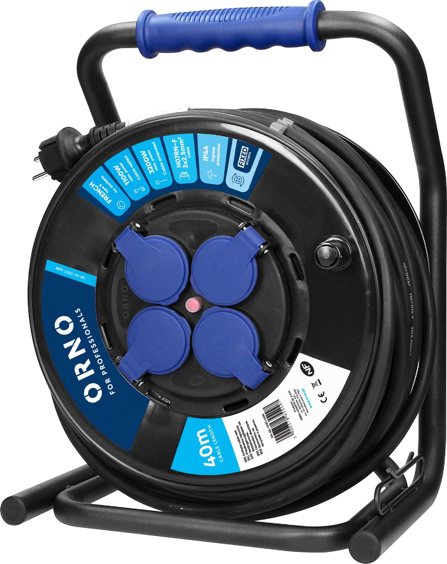 Orno Przedłużacz bębnowy profesjonalny IP44, 4 gniazda 2P+Z, kabel gumowy olejoodporny, H07RN-F 3x2,5mm?, długość 40m, unikatowy stojak CUBE, STAŁE GN