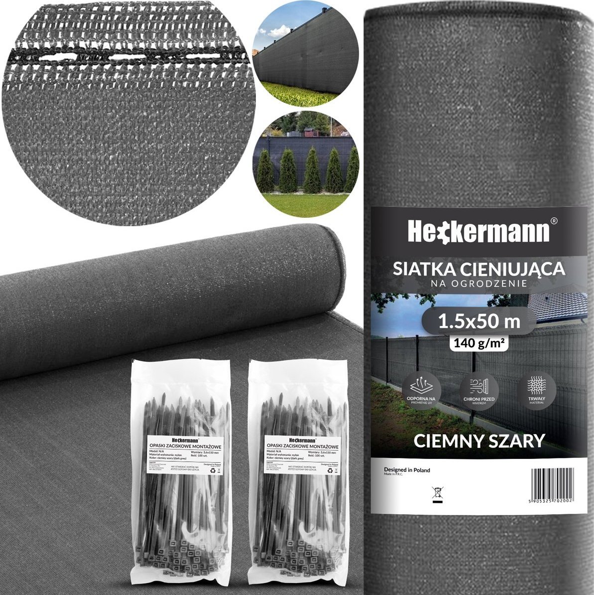 Heckermann Zestaw Siatka cieniująca 1,5x50m Heckermann - Szara + 2x Opaski zaciskowe Heckermann 100szt - Szare