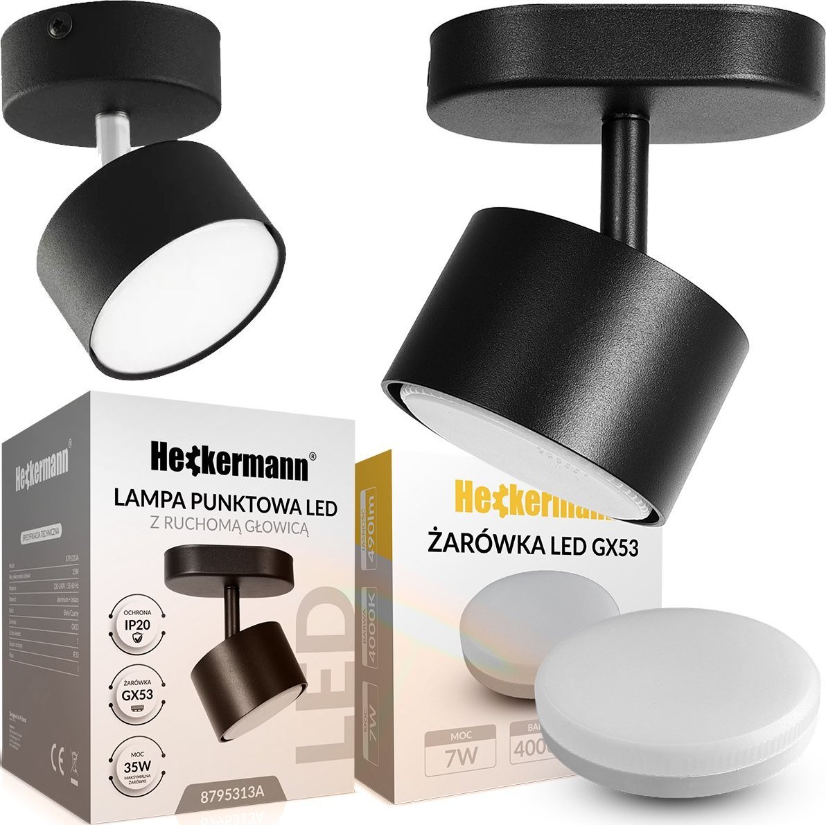 Lampa sufitowa Heckermann Zestaw Lampa punktowa LED Heckermann 8795313A Czarna 1x głowica + 1x Żarówka LED Heckermann GX53 7W Neutral