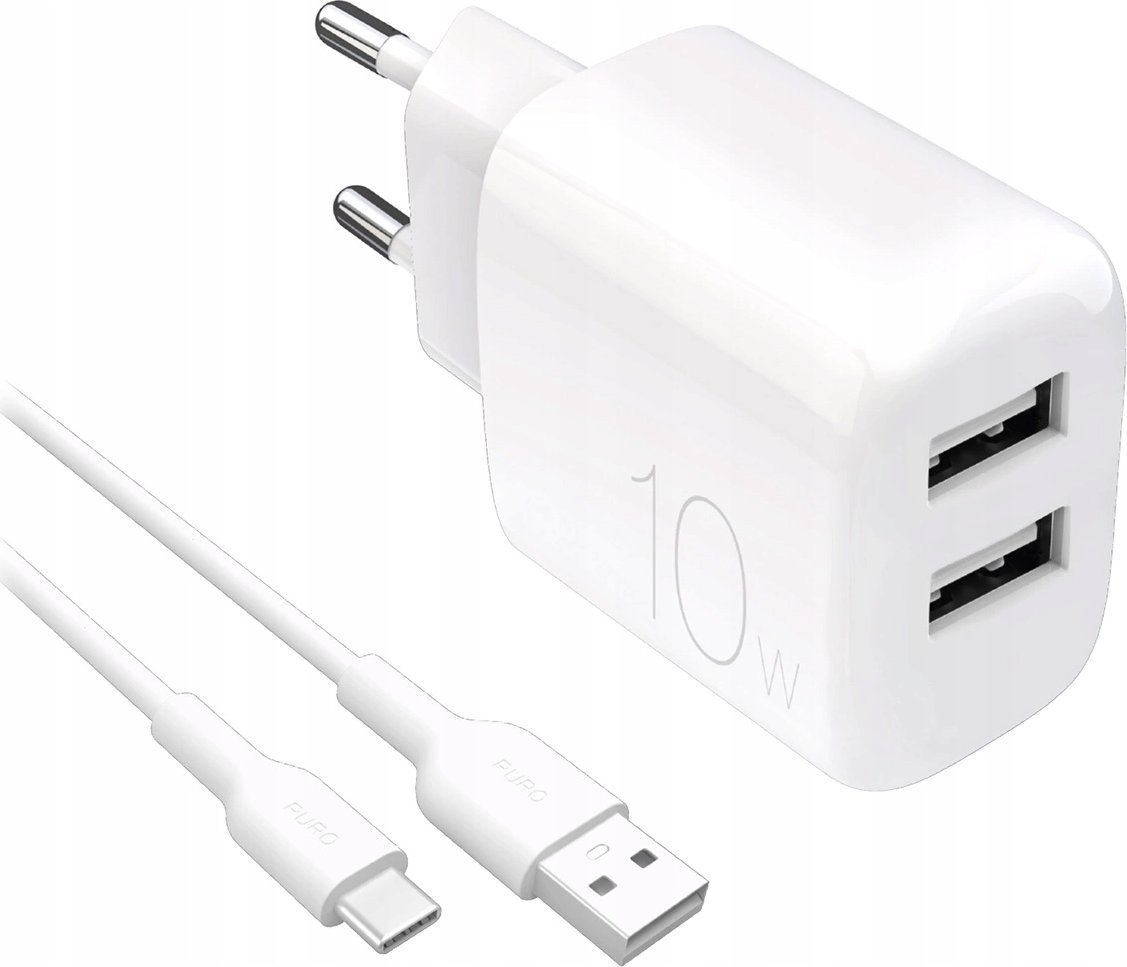 Ładowarka sieciowa Puro PROLITE 10W 2x USB-A + kabel USB-A - USB-C 1.2m - biała