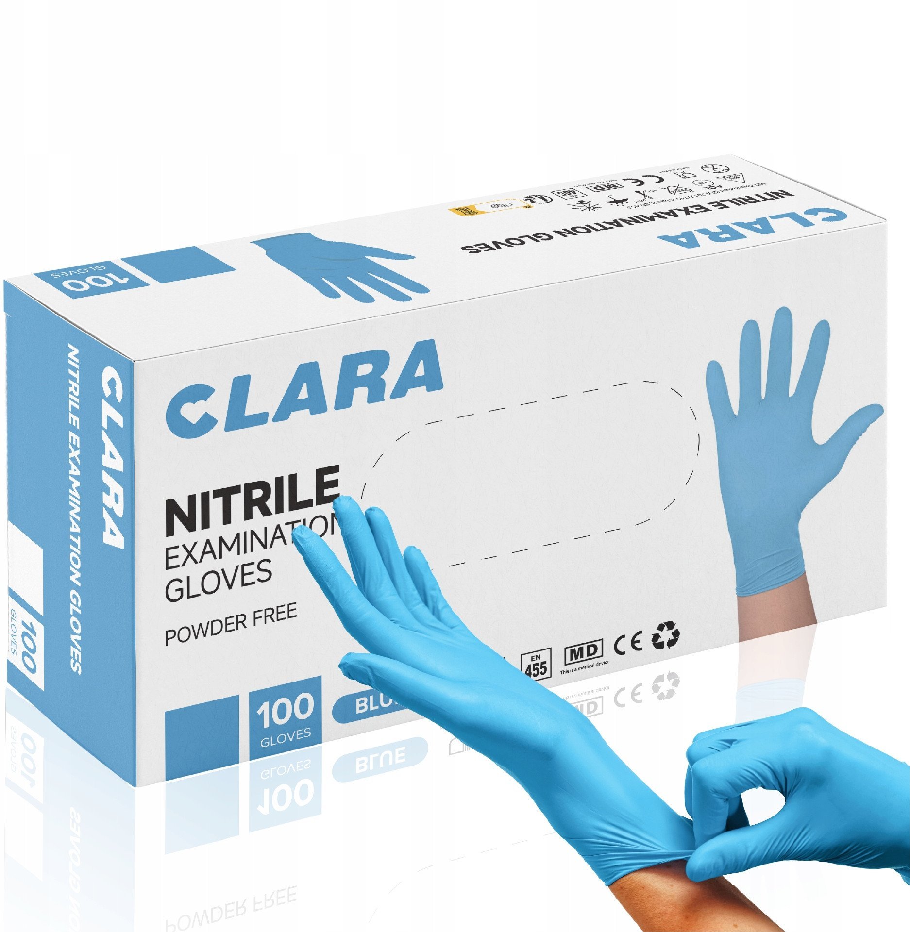 Rękawice nitrylowe bezpudrowe CLARA, 100 szt., rozmiar M, niebieskie