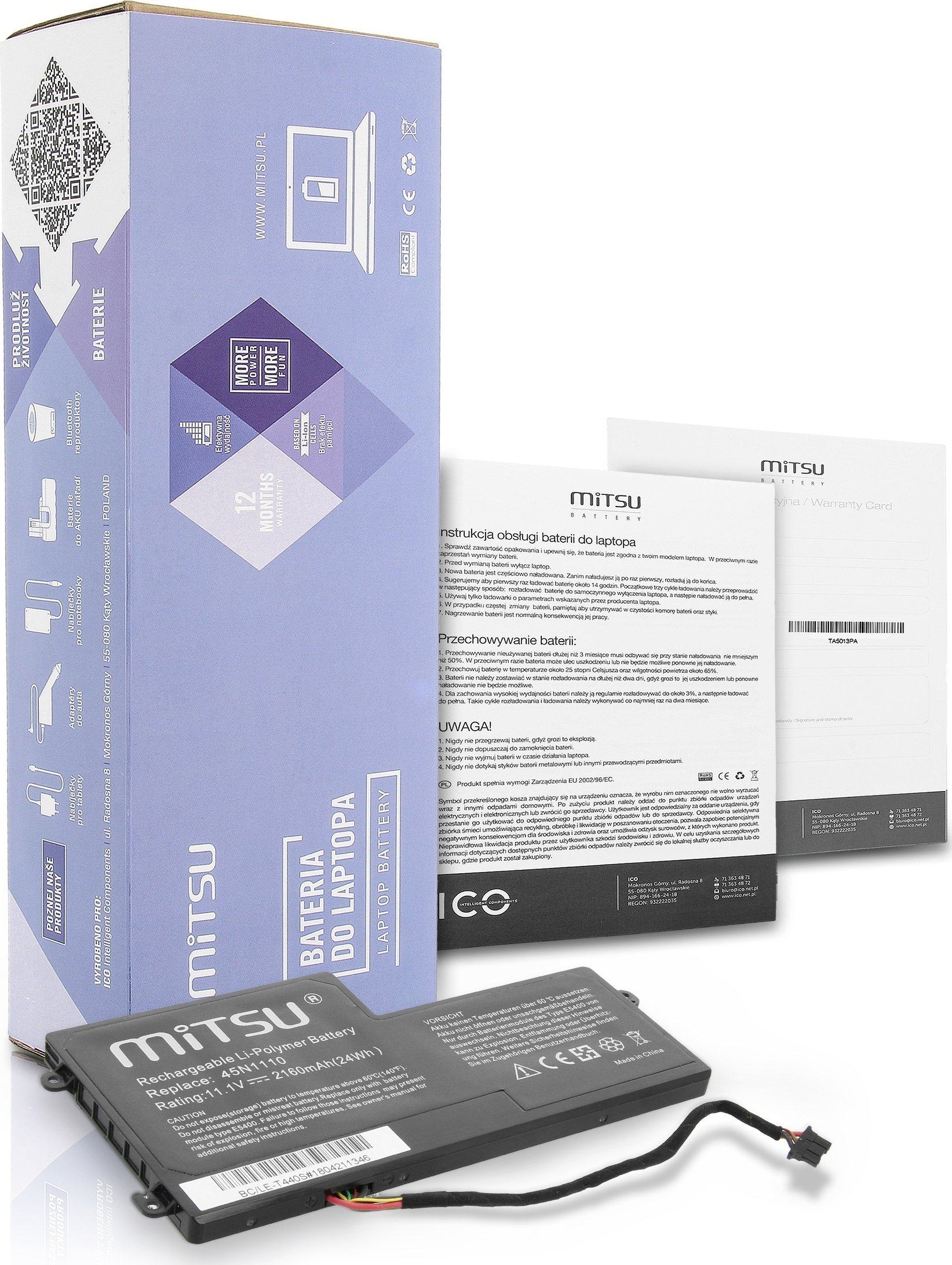 Bateria Mitsu Bateria 45N1108 do Lenovo ThinkPad T440 T440S X240