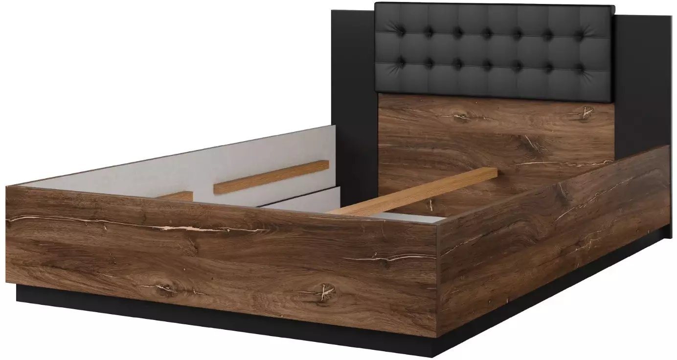 Łóżko SIGMA 140x200 dąb flagstaff miedziany/czarny mat z tapicerowanym zagłówkiem HELVETIA