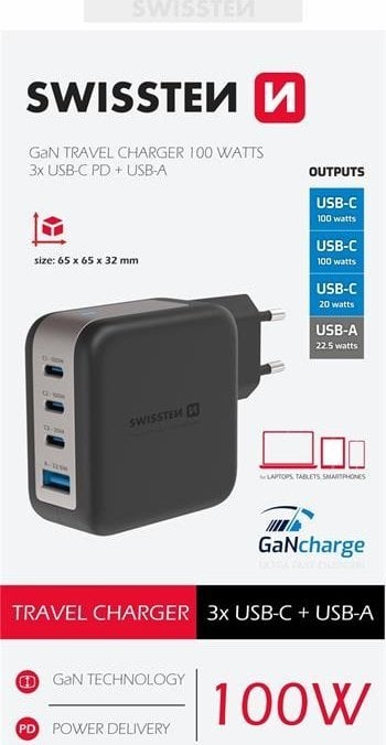 Ładowarka Swissten Travel Charger GaN 3x USB-C PD 100W / USB-A 18W QC