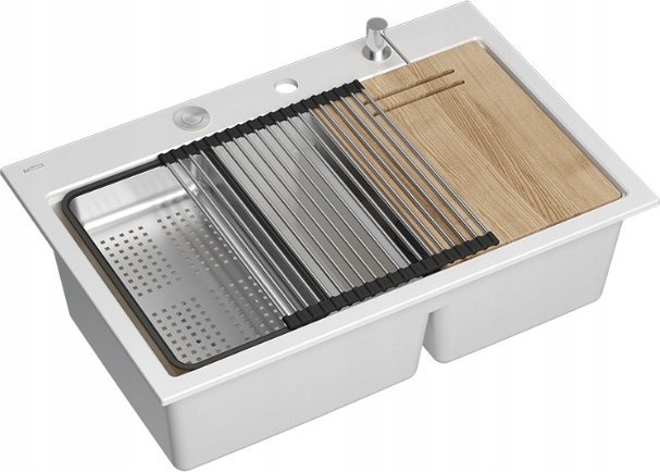 Zlewozmywak GraniteQ MARC 120 WORKSTATION GraniteQ zlewozmywak 2-komorowy 760*500*235 mm snow white + syfon push to open + dozownik stal szcz.+ wkładk