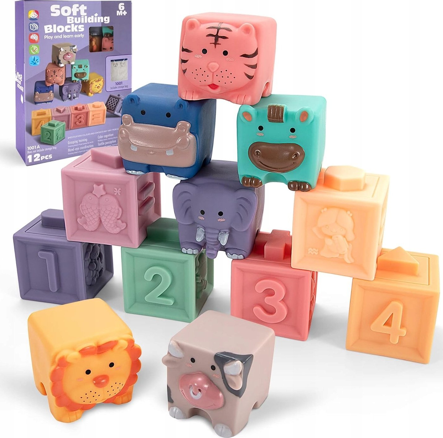 Edukacyjny zestaw klocków dla malucha, Miękkie Klocki Zwierzęta, Figury geometryczne, Cyfry 12 sztuk