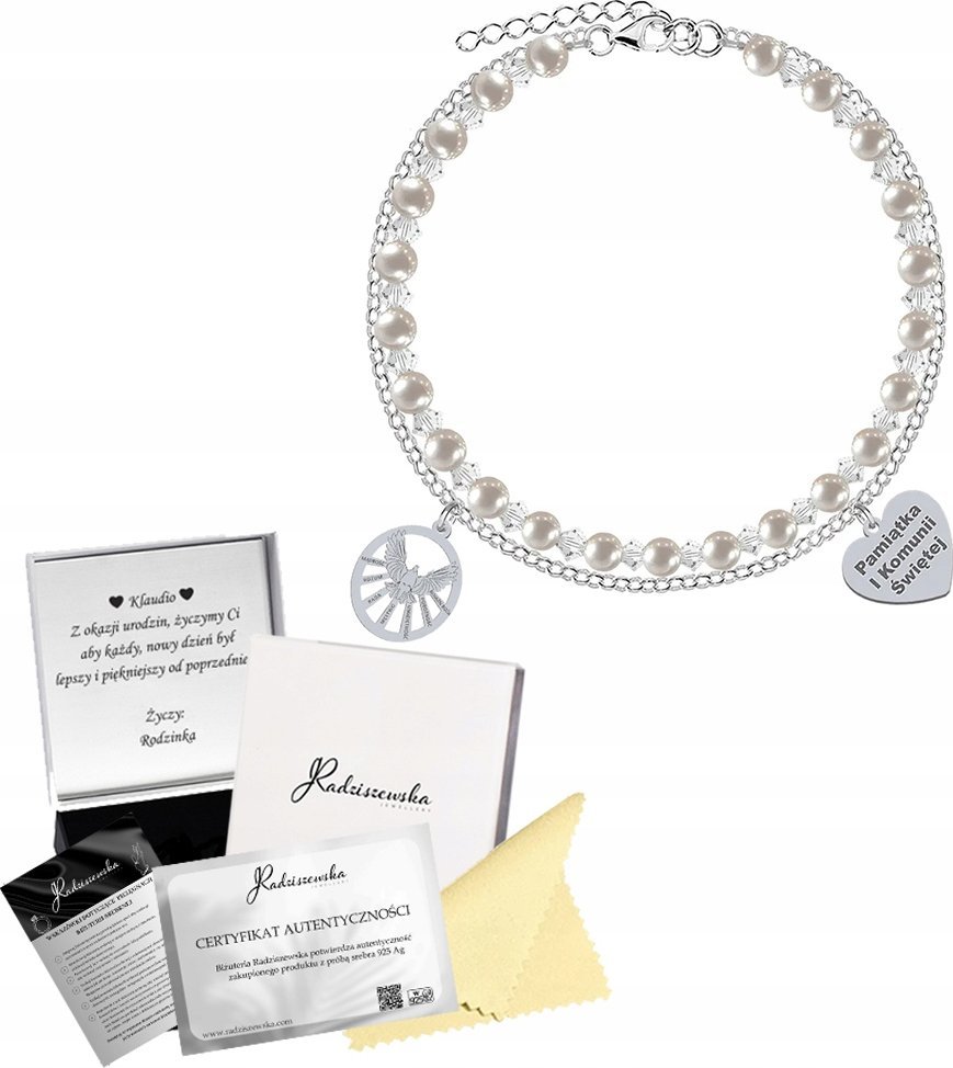 Radziszewska Jewellery Bransoletka Srebrna na Bierzmowanie Duch Święty 925 Prezent Perły GRAWER