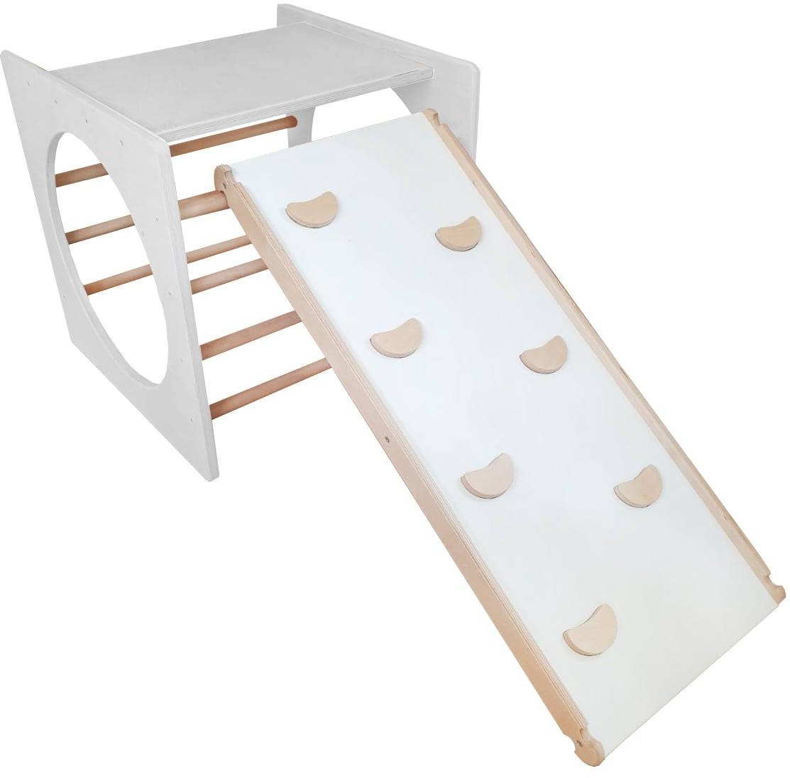 Kostka wspinaczkowa biała dla dzieci Box Plus + zjeżdżalnia drewniana