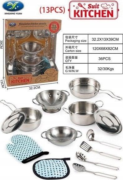 Triton Zestaw Metalowych Garnków dla dzieci 3+ Przybory Kuchenne + Fartuch + Akcesoria 13 el.