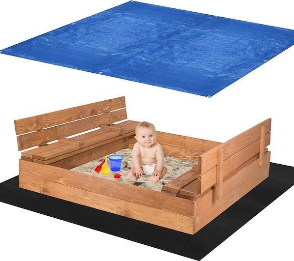 Springos Piaskownica zamykana 120x120 cm drewno impregnowane z plandeką i podłożem UNIWERSALNY