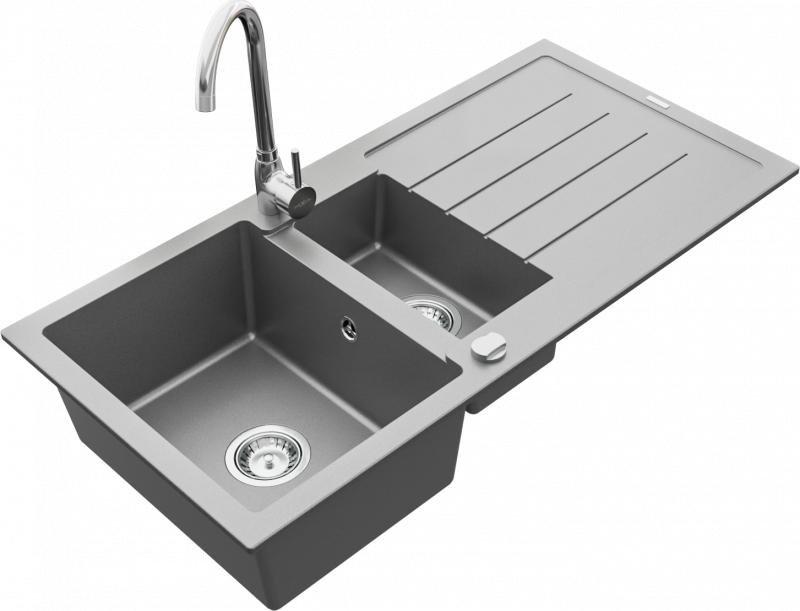 Zlewozmywak Mexen Andres granitowy 1,5-komorowy z ociekaczem i baterią kuchenną Telma, szary - 6515-71-670200-00