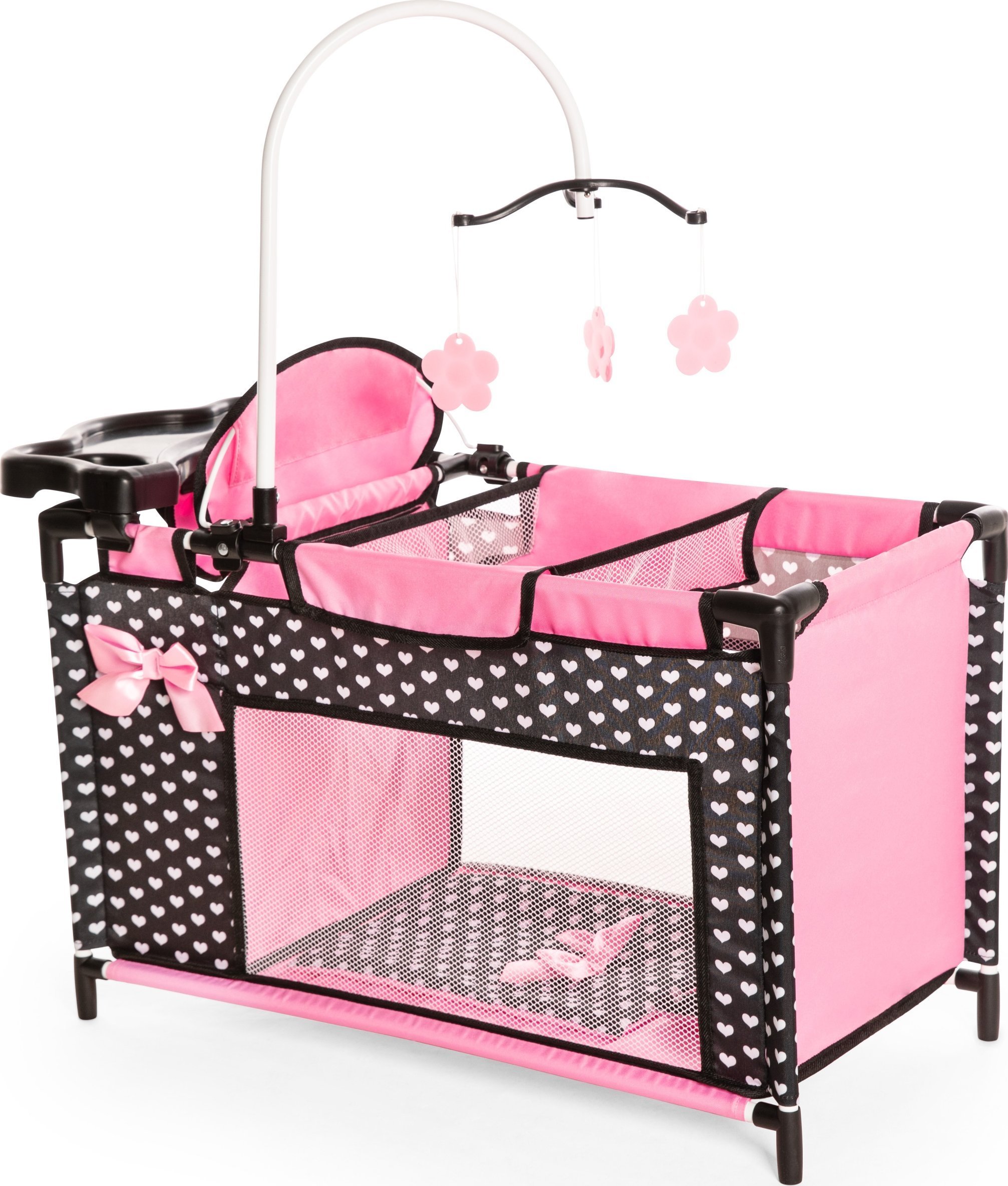 Bayer Bayer Łóżeczko dla lalki z akcesoriami czarne z różową kokardką 62660AA