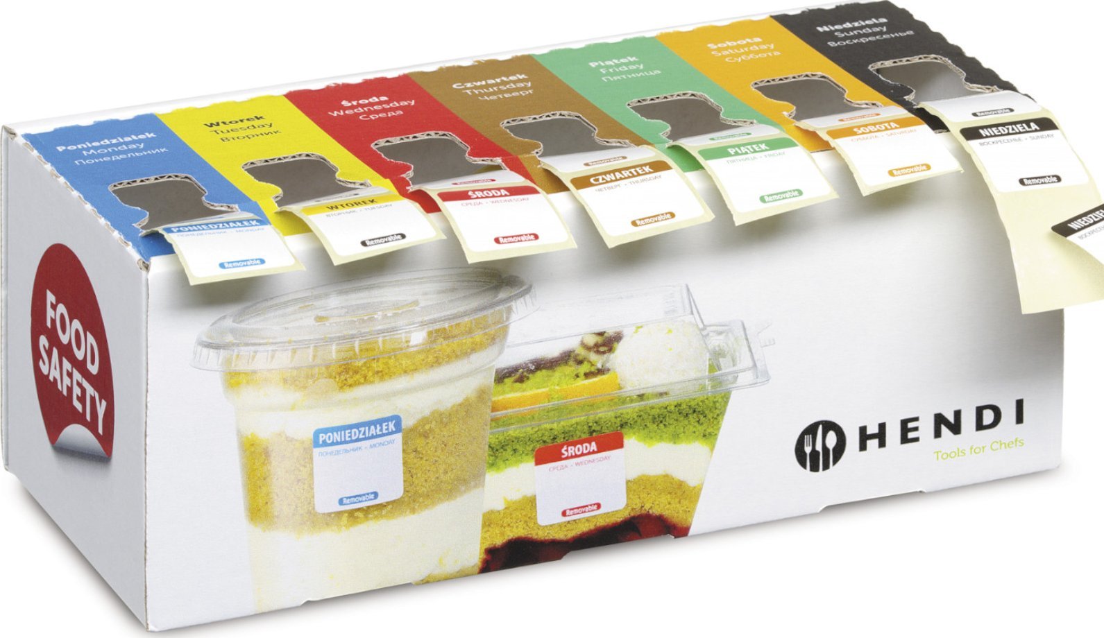 Hendi Zestaw etykiet wielorazowych food safety na każdy dzień tygodnia z podajnikiem - Hendi 850305 Zestaw etykiet wielorazowych food safety na każdy