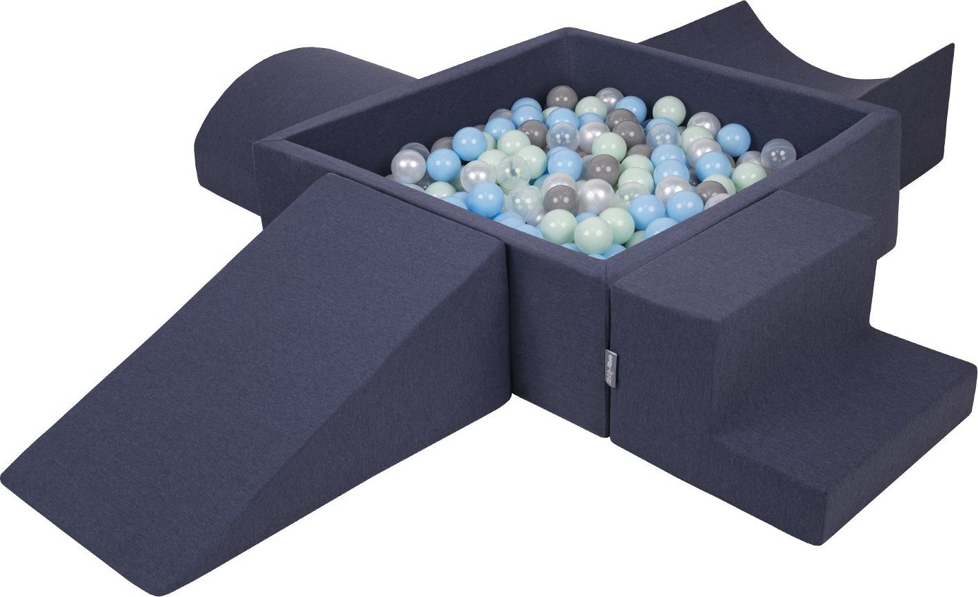 KiddyMoon Piankowy plac zabaw PPZP-KW30D-115 z piłeczkami granatowy: perła-szary-transparent-babyblue-mięta basen 200/klin L/rampa L/półwałek L/schode