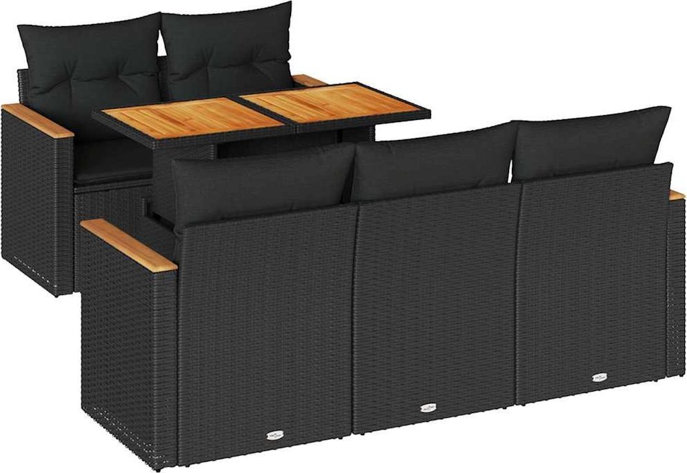 6-cz. zestaw mebli z poduszkami, czarny, polirattan i akacja