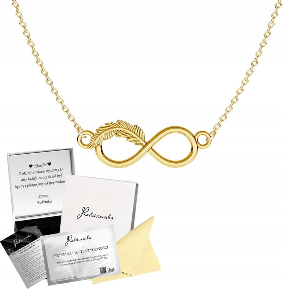 Radziszewska Jewellery Złoty Naszyjnik z Nieskończonością Piórko 925 Łańcuszek Prezent DEDYKACJA