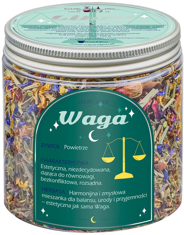 Herbata Zodiakalna WAGA - herbaciany susz napar ziołowa mieszanka na astrologiczny prezent upominek podarunek dla osoby ze znakiem zodiaku WAGI