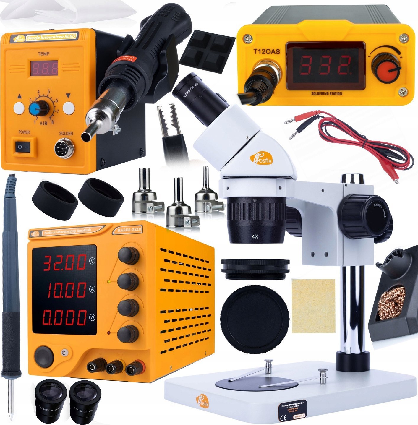 Mikroskop Rosfix Rosfix Mikroskop stereoskopowy Binokularowy MSGS-B-PS1+ProTech Trio v1 (Stacja Hot-Air, Stacja lutownicza T12 zasilacz)