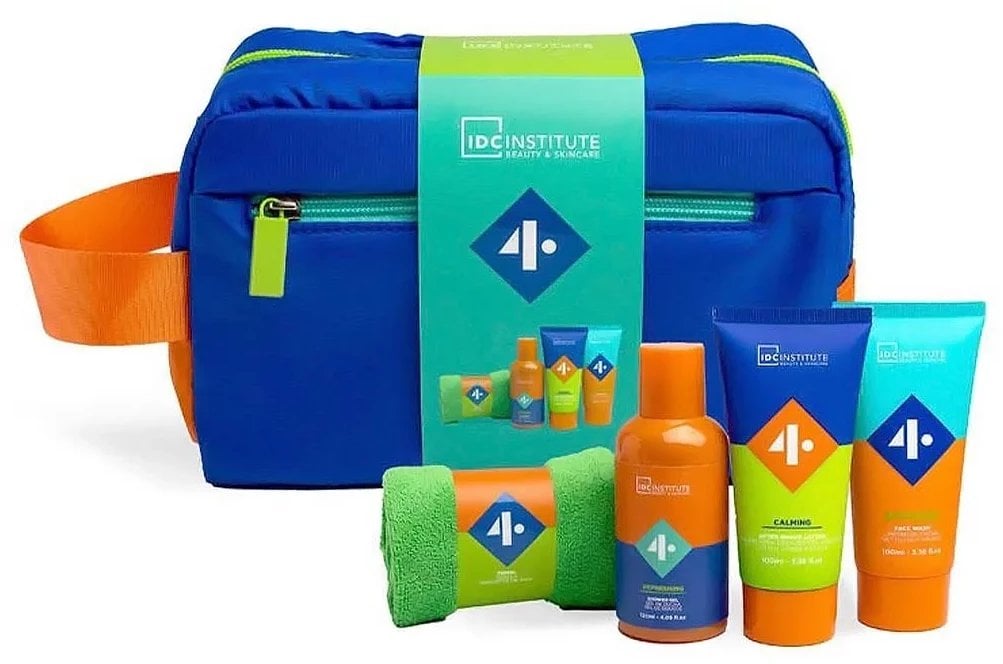 Rinkinys Idc Institute vyrams: dušo želė, 120 ml + veido prausiklis, 100 ml + losjonas po skutimosi, 100 ml + rankšluostis + kosmetinė, 1 vnt.