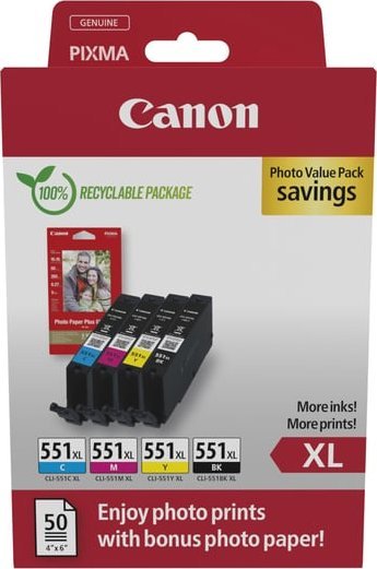 Tusz Canon CLI-551XL C/M/Y/BK Photo Value Pack - 4er-Pack - 11 ml - XL - Schwarz, Gelb, Cyan, Magenta - original - Box - Tintenbehalter- / Papierpaket