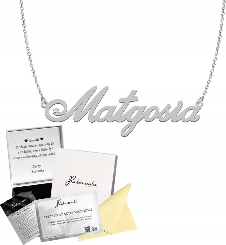 Radziszewska Jewellery Naszyjnik Srebrny z imieniem MAŁGOSIA Łańcuszek Prezent TABLICZKA GRATIS