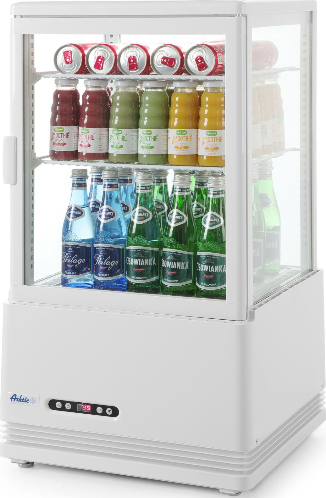 Witryna chłodnicza ARKTIC Witryna chłodnicza przeszklona nastawna 58L 2 półki biała ARKTIC Hendi 233610 Witryna chłodnicza przeszklona nastawna 58L 2