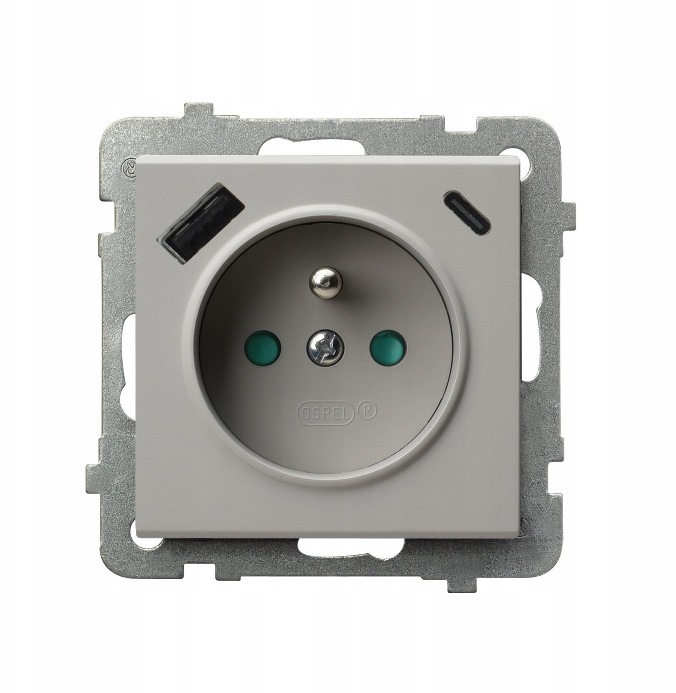 SONATA Gniazdo pojedyncze z uziemieniem z przesłonami torów prądowych, z ładowarką USB A+C kaszmir GP-1RZPUSBAC/m/82