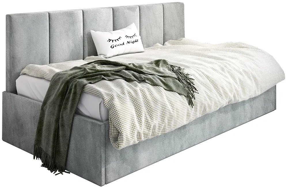 Łóżko młodzieżowe SORA 80x200 jasne szare z tapicerowanym panelem i pojemnikiem na pościel MKPOL