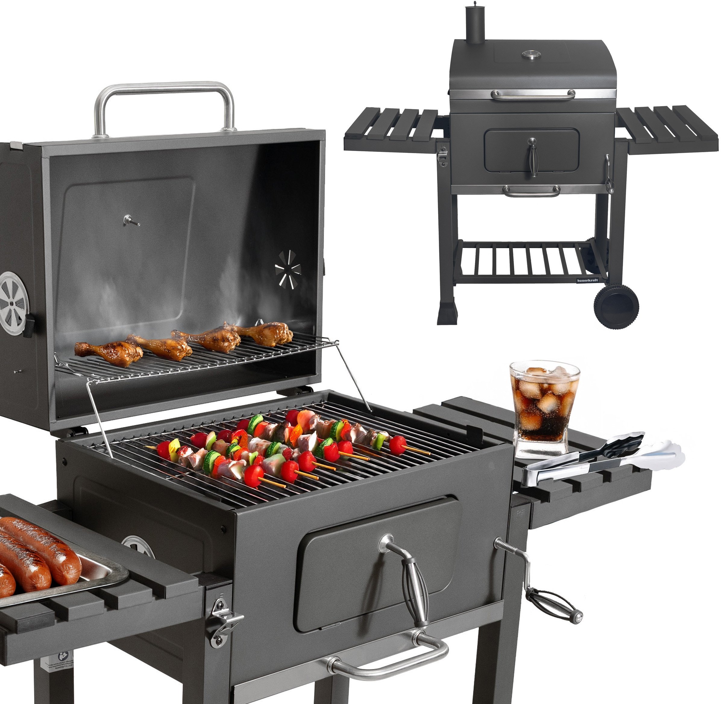 Duży grill węglowy ogrodowy ruszt z pokrywą popielnik termometr otwieracz