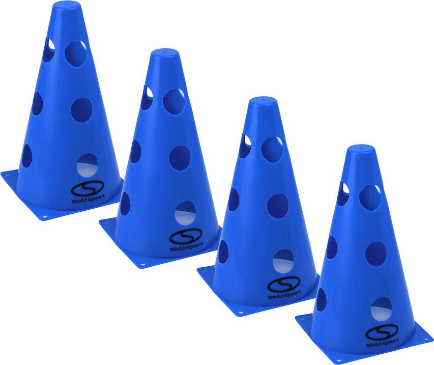 Zestaw pachołków treningowych 4 szt. - 23 cm niebieskie / PT4-12WH-BZestaw 4 pachołków SMJ sport 23 cm z 12 otworami bocznymi. Wytrzymałe, lekkie i fu