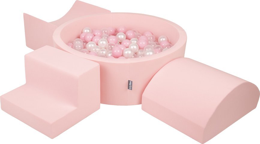 KiddyMoon Piankowy plac zabaw PPZP-OK30D-134 z piłeczkami różowy: pudrowy róż-perła-transparent basen 200/rampa L/półwałek L/schodek Zabawka plac zaba