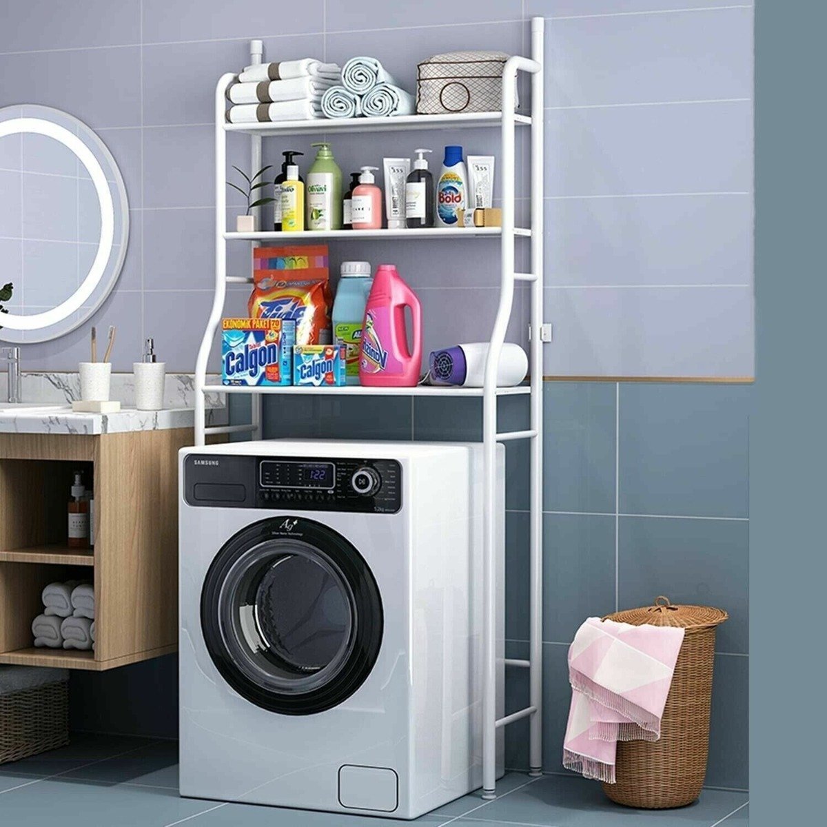 Regał nad pralkę z haczykami, 65 x 25 x 155 cm