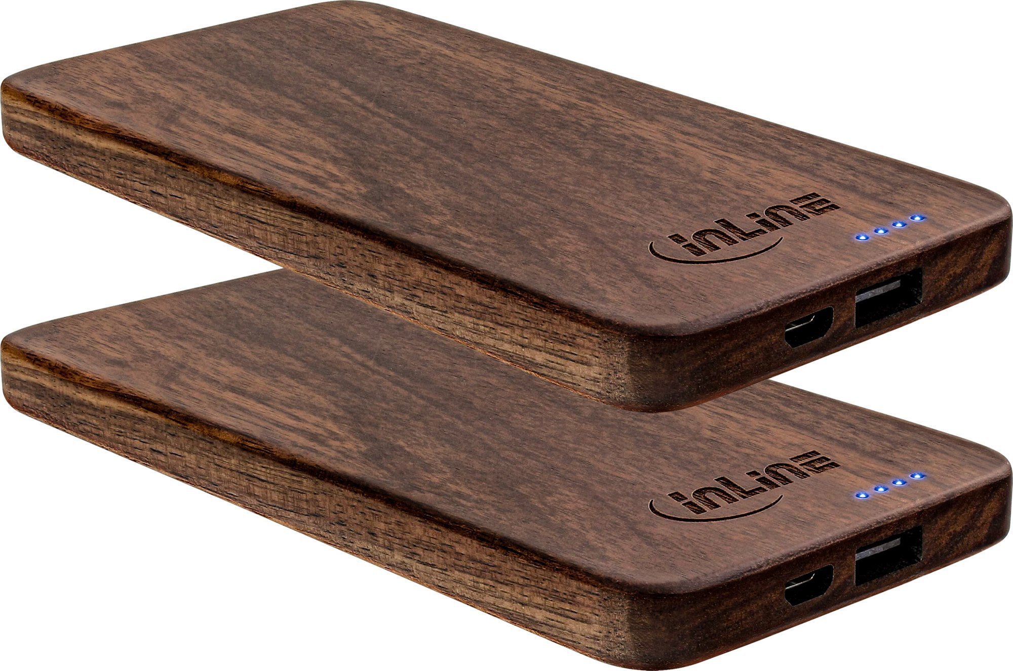 2er InLine® woodplate, USB Powerbank 5.000mAh, mit LED Status Anzeige, Echtholz