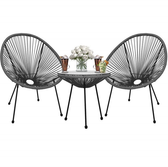 Zestaw mebli rattanowych 2 fotele ażurowe i okrągły stolik ze szklanym blatem czarno-szary UNIWERSALNY