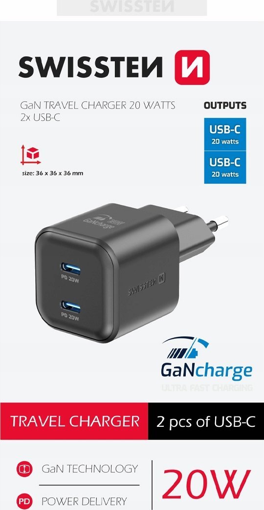 Swissten GaN PD 2x USB-C Travel Charger 20W