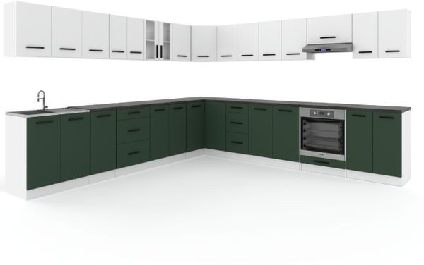 Meble Kuchenne Narożne Białe Butelkowa Zieleń Zestaw Rossa 6.8m Nowoczesny