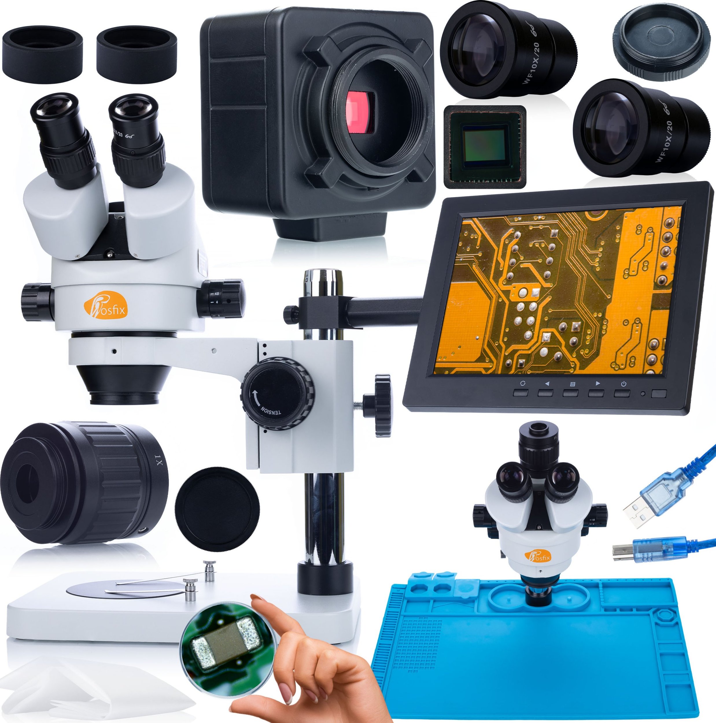 Mikroskop Rosfix ZESTAW MIKROSKOP TRINOKULAROWY MERCURY KAMERA PODSTAWA UCHWYT WYŚWIETLACZ