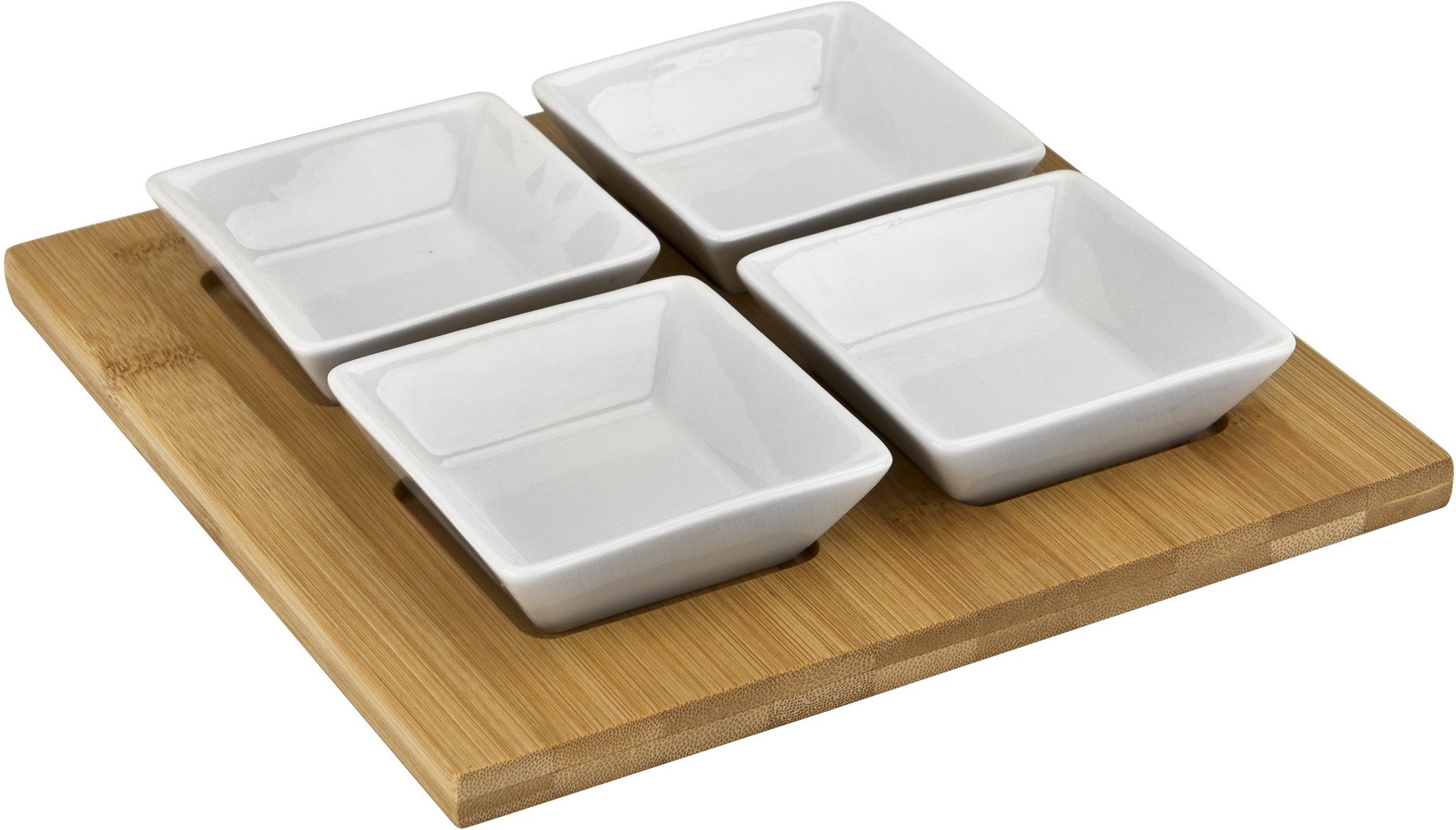Komplet do serwowania przystawek 4 kwadratowe miseczki + deska