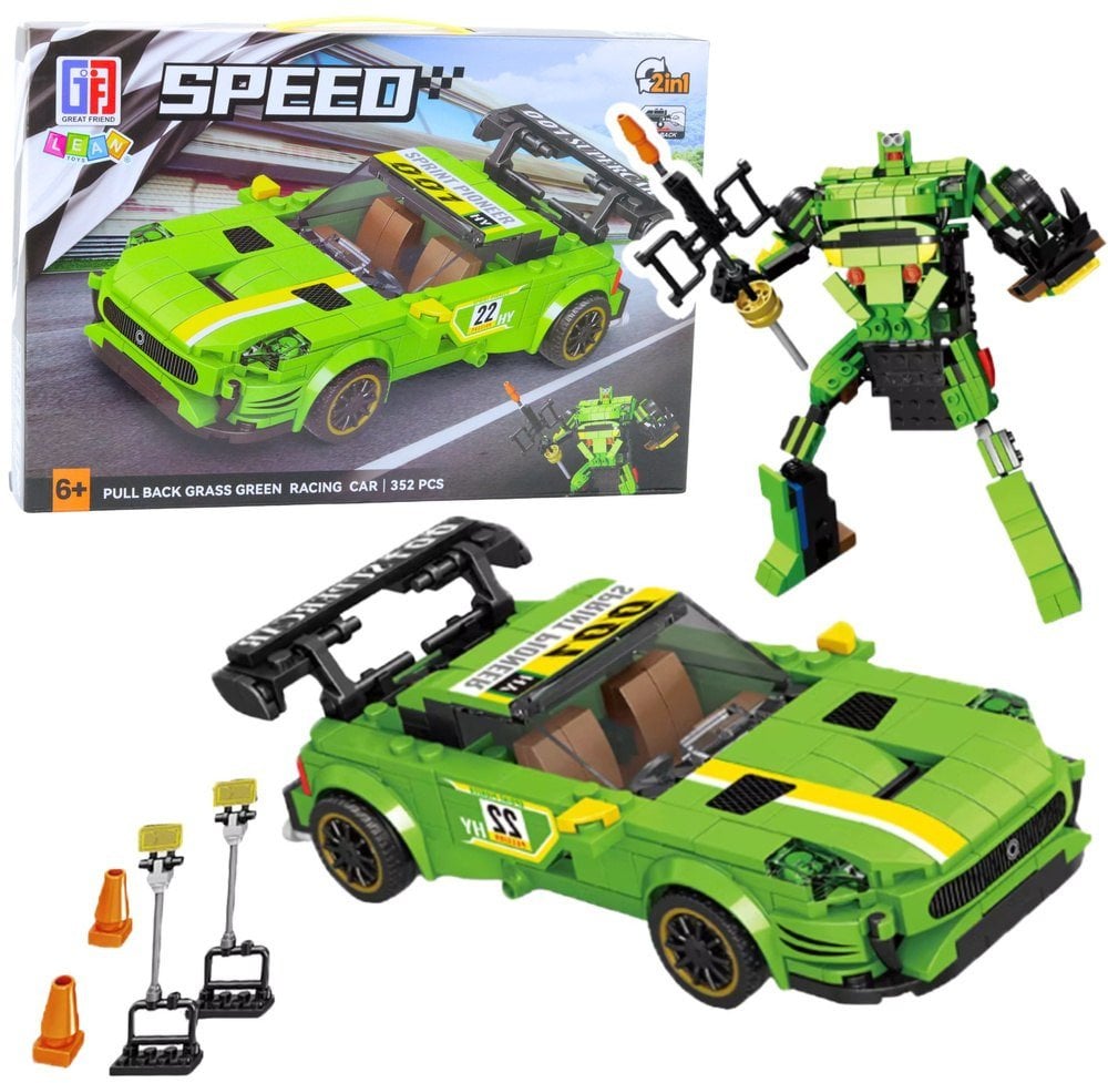 Klocki Konstrukcyjne Auto Robot 2w1 Żółto-Zielony Napęd 352 el. LEAN Toys
