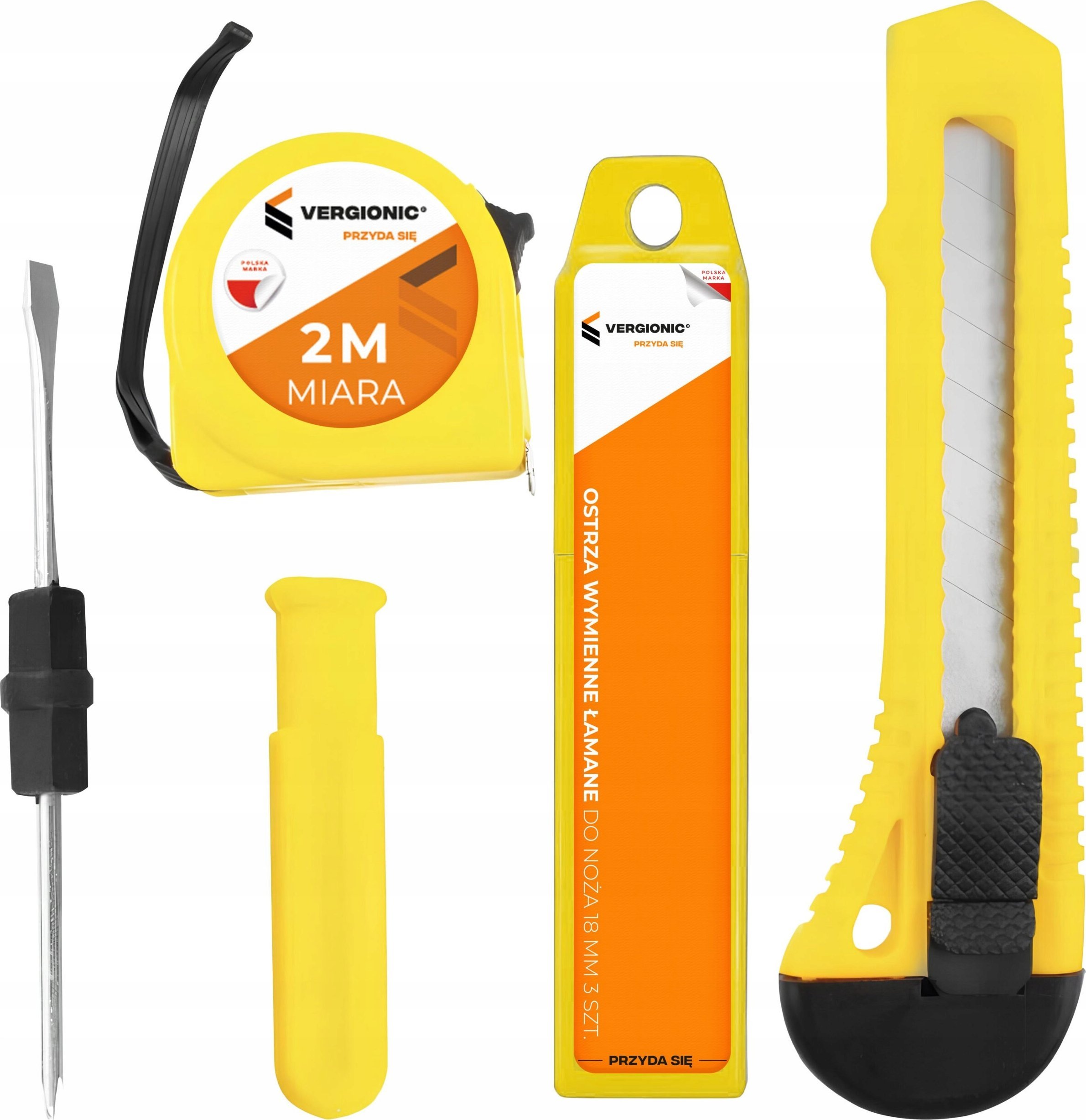 Zestaw narzędzi VERGIONIC ZESTAW NARZĘDZIOWY TAPECIAK NÓŻ MIARA ŚRUBOKRĘT +WKŁADY 4 el.