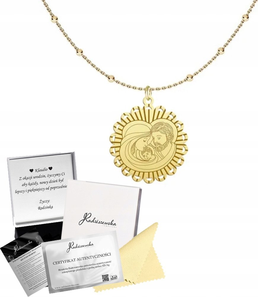 Radziszewska Jewellery Złoty Medalik Święta Rodzina Łańcuszek 925 Prezent Urodziny GRAWER GRATIS