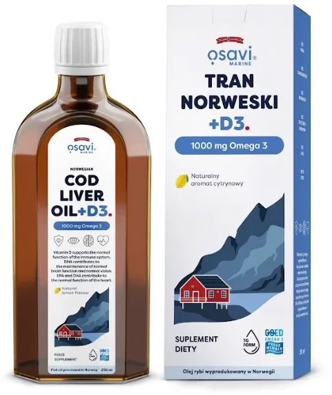 Osavi - Tran Norweski, 1000mg Omega 3 + D3, Cytryna, 250 ml