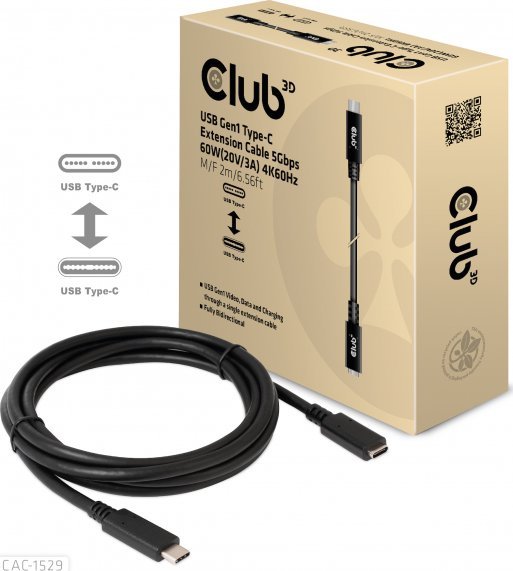 Club 3D CAC-1531 USB C GEN1 EXT CABLE 5GBPS 4K60HZ M/F 1M kabel USB 2 x USB C