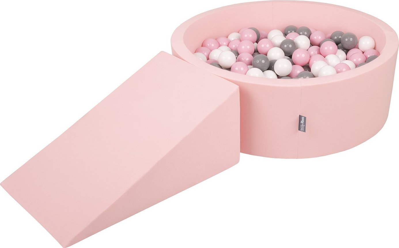 KiddyMoon Piankowy plac zabaw PPZP-OK30D-112 z piłeczkami różowy: biały-szary-pudrowy róż basen 100/klin L Zabawka plac zabaw