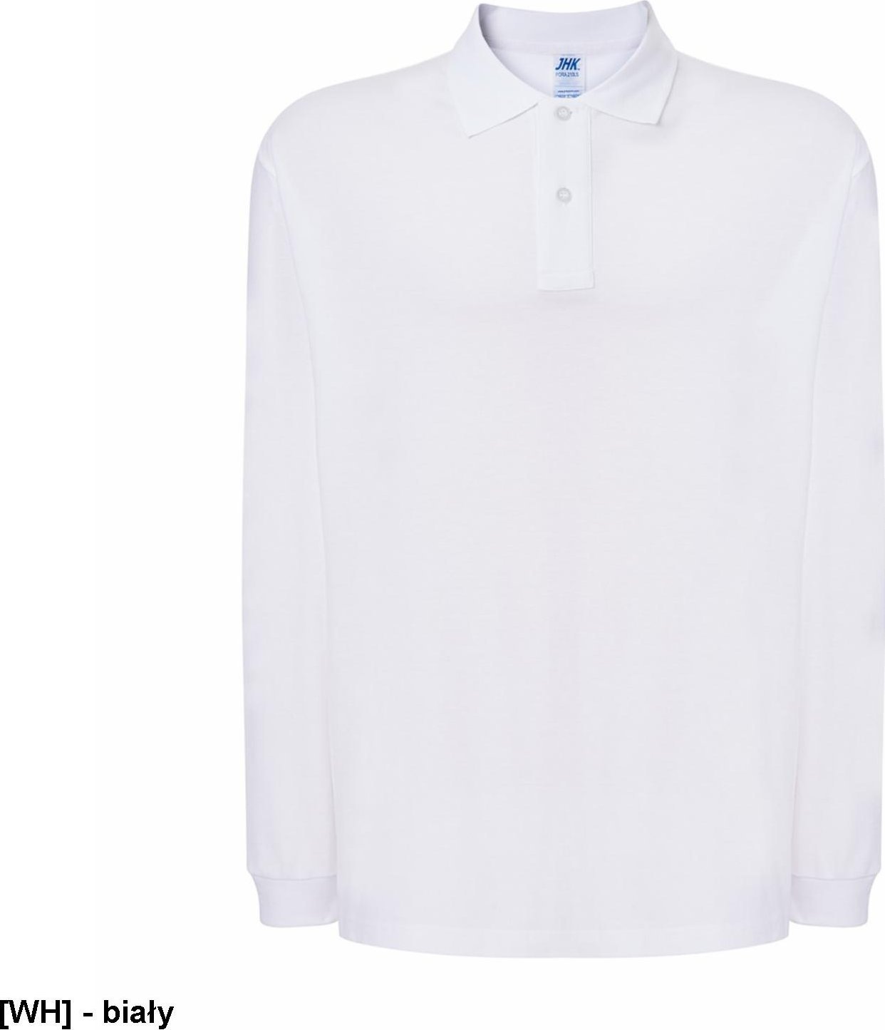JHK PORA210LS - polo męskie długi rękaw, dwa guziki, boczne rozcięcia, dłuższe na pleach, 100% bawełna 200 - 210g - biały XL