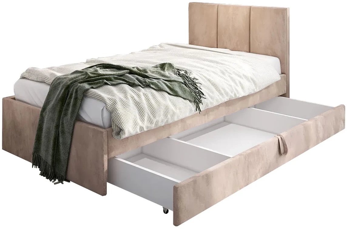 Łóżko młodzieżowe VIVO 2 100x200 beżowe z tapicerowanym panelem i szufladą MKPOL