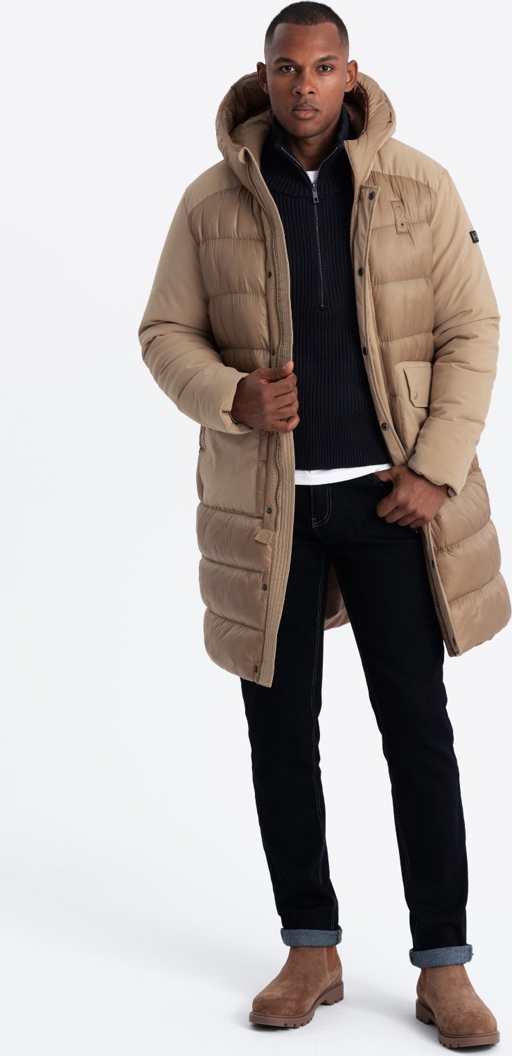 Kurtka męska Ombre Długa pikowana kurtka męska z dużymi kieszeniami beżowa V2 OM-JALJ-0165 S